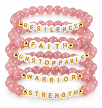 Load image into Gallery viewer, Genuine Pink Quartz Inspirational Warrior Bracelet – Strength, Faith & Resilience Stretch Bracelet | Warrior Sisters