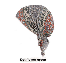Load image into Gallery viewer, green floral pre Tied Chemo Beanie