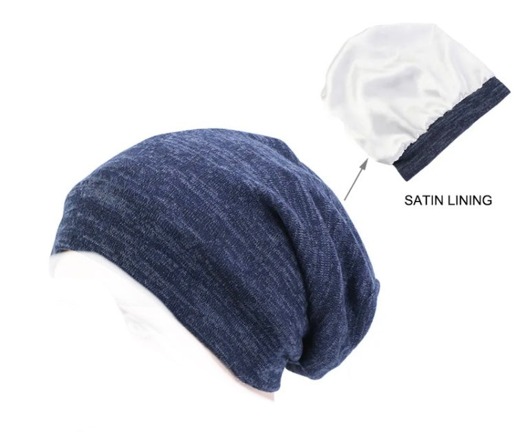 navy satin lined chemo beanie