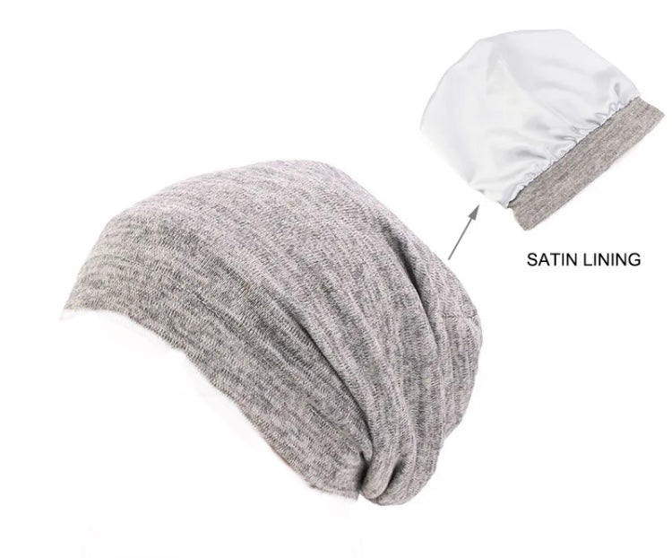 beige satin lined chemo beanie