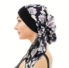 Load image into Gallery viewer, Black Floral Chemo Scarf Side
