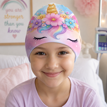 Load image into Gallery viewer, Children’s Chemo Unicorn Beanie Hat  Ultra Soft Slouchy Beanie Kids  Chemotherapy Beanie Chemo Hat Chemo Turban Kids Chemo Beanie
