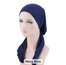 Load image into Gallery viewer, navy pre tied chemo scarf
