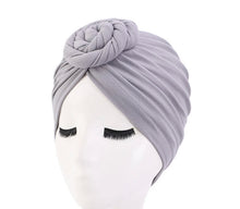 Load image into Gallery viewer, grey top knot chemo beanie
